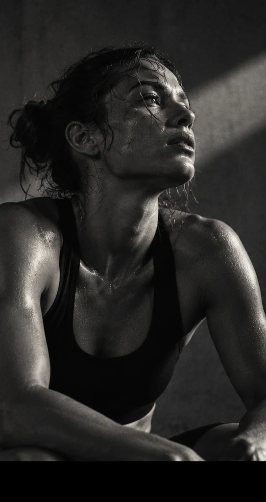 Athlete after exertion, in black and white
